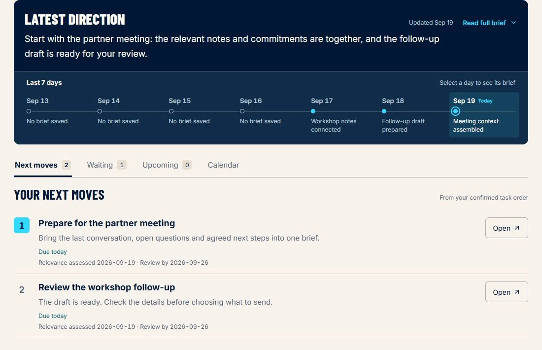Inclusioneer’s operating brief brings meeting context and follow-up work together. Actual interface with fictional sample content.